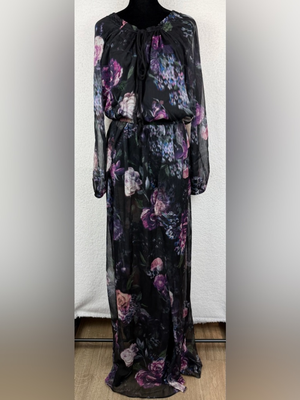 (NWT) THE JETSET DIARIES • Black/Multi Floral Peony Semi-Sheer Maxi Dress, L - Picture 2 of 14